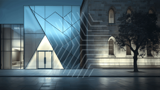 Modern Glass Facade Building Adjacent To Old Sandstone Building, Symbolizing Contrast Between Traditional And Digital Asset Classes