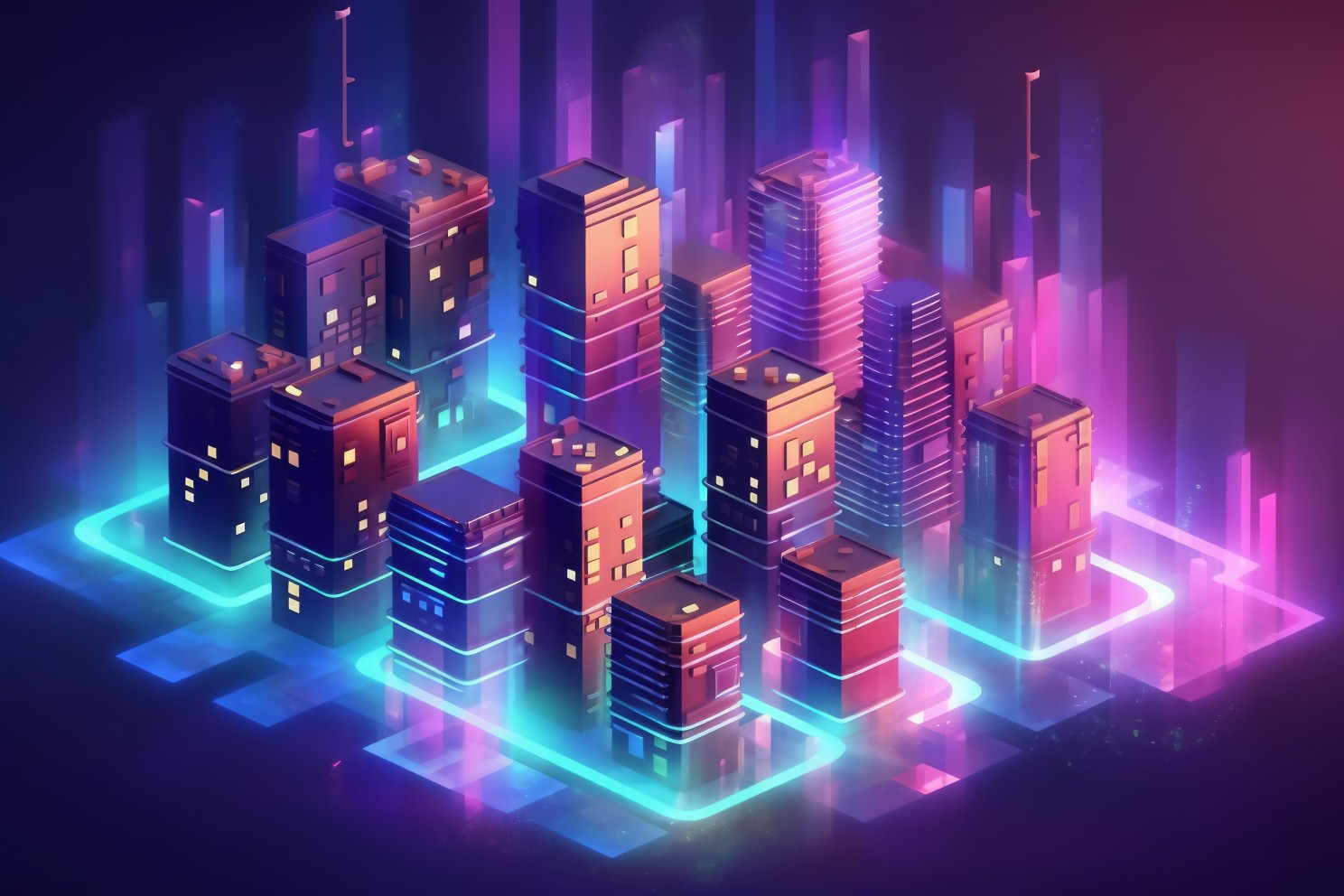 A digital city in isometric view, suspended on glowing platforms in blue and purple gradient colors.