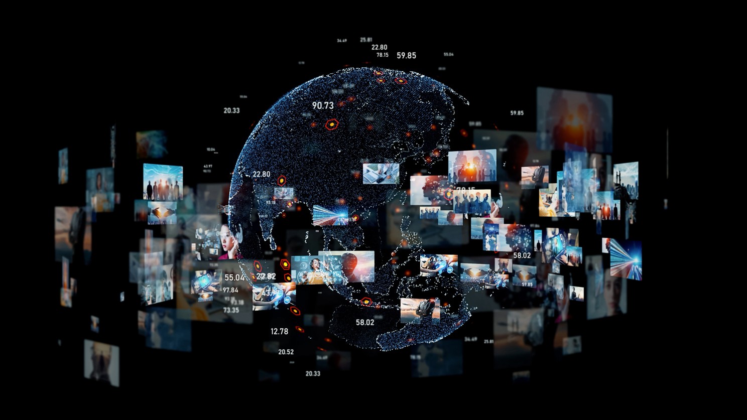 Digital globe surrounded by images and data, representing NFTs.