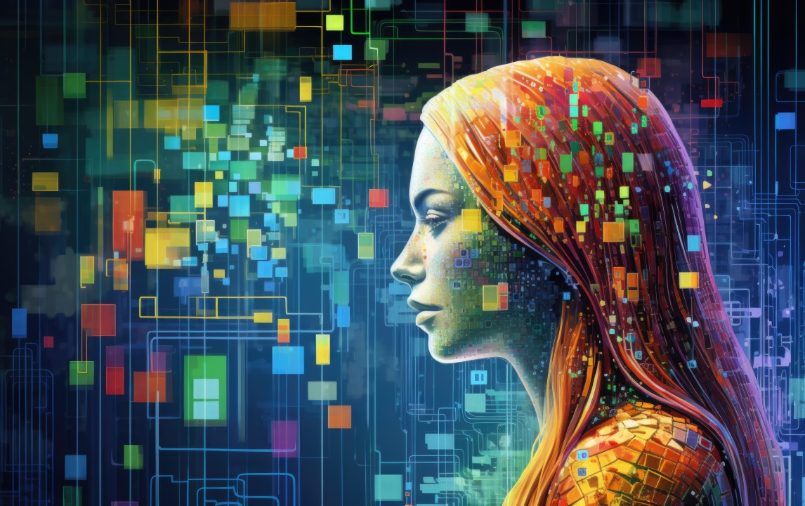 A multi-colored, digital women in profile, in a college of abstract and differently colored blockchains.