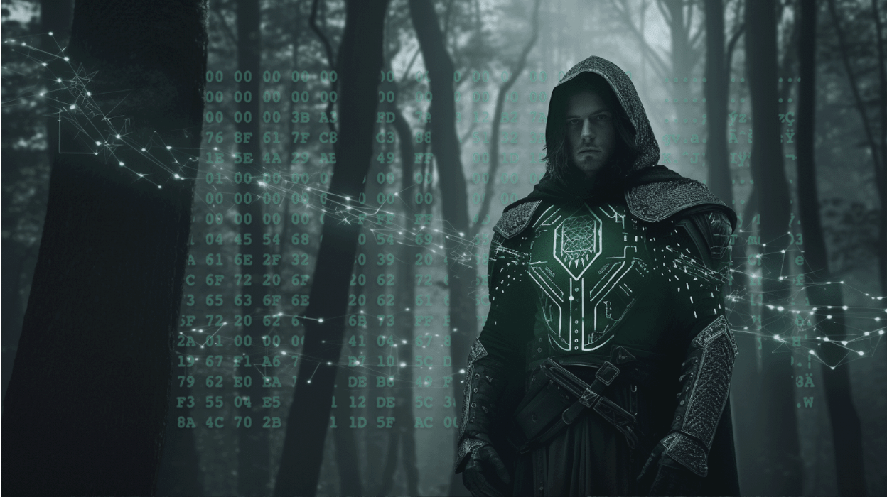 Robin Hood character in a forrest with the Bitcoin Genesis Block suspended in background and cyber data nodes all around him.