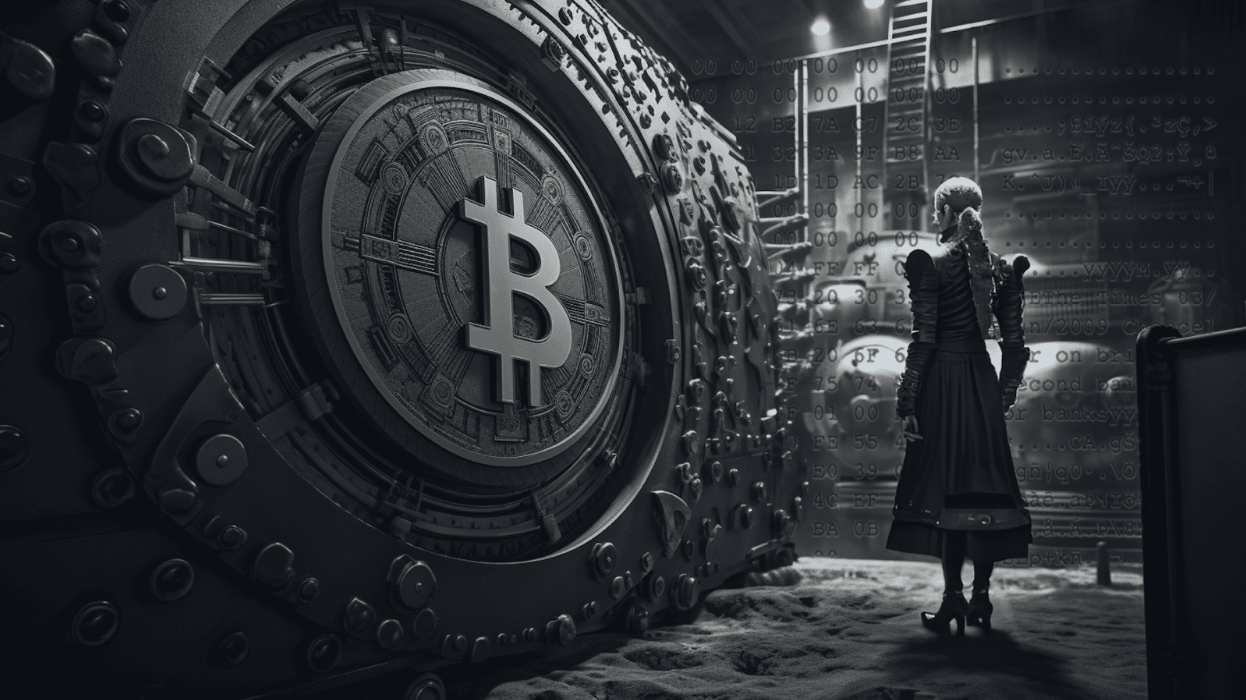 Steampunk girl stands in front of a Bitcoin vault in a power plant with the Bitcoin Genesis Block in the background.