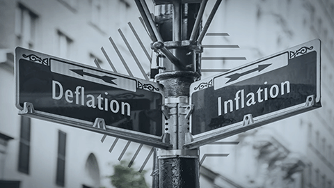 Street signs indicating 'Deflation' and 'Inflation' directions, metaphorically presenting the economic choices between deflationary and inflationary policies, relevant to discussions on the Cantillon Effect and cryptocurrency impact.