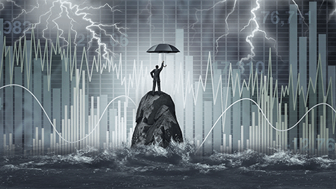 Explore the dynamics of the digital asset market with our detailed illustration of a man standing atop a rock in the middle of a stormy ocean, with multiple charts and lightning, capturing August 2023's volatility.